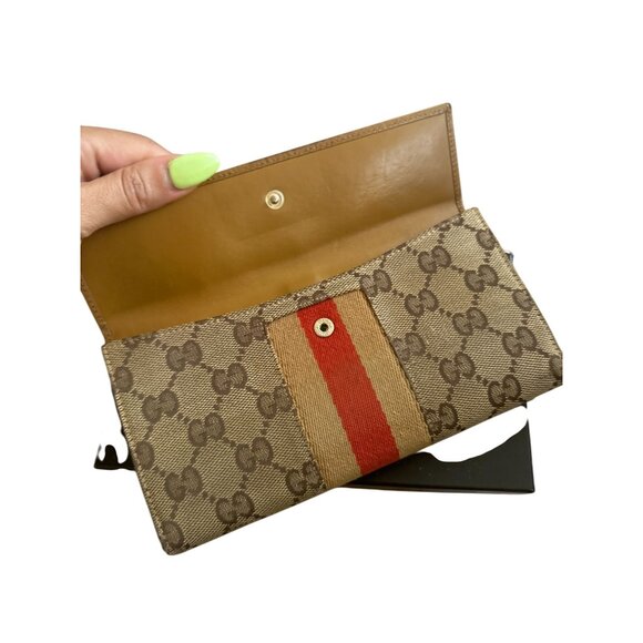 GUCCI Vintage Striped Logo Brown Tan Long Clutch Wallet w/ Box - Picture 10 of 13